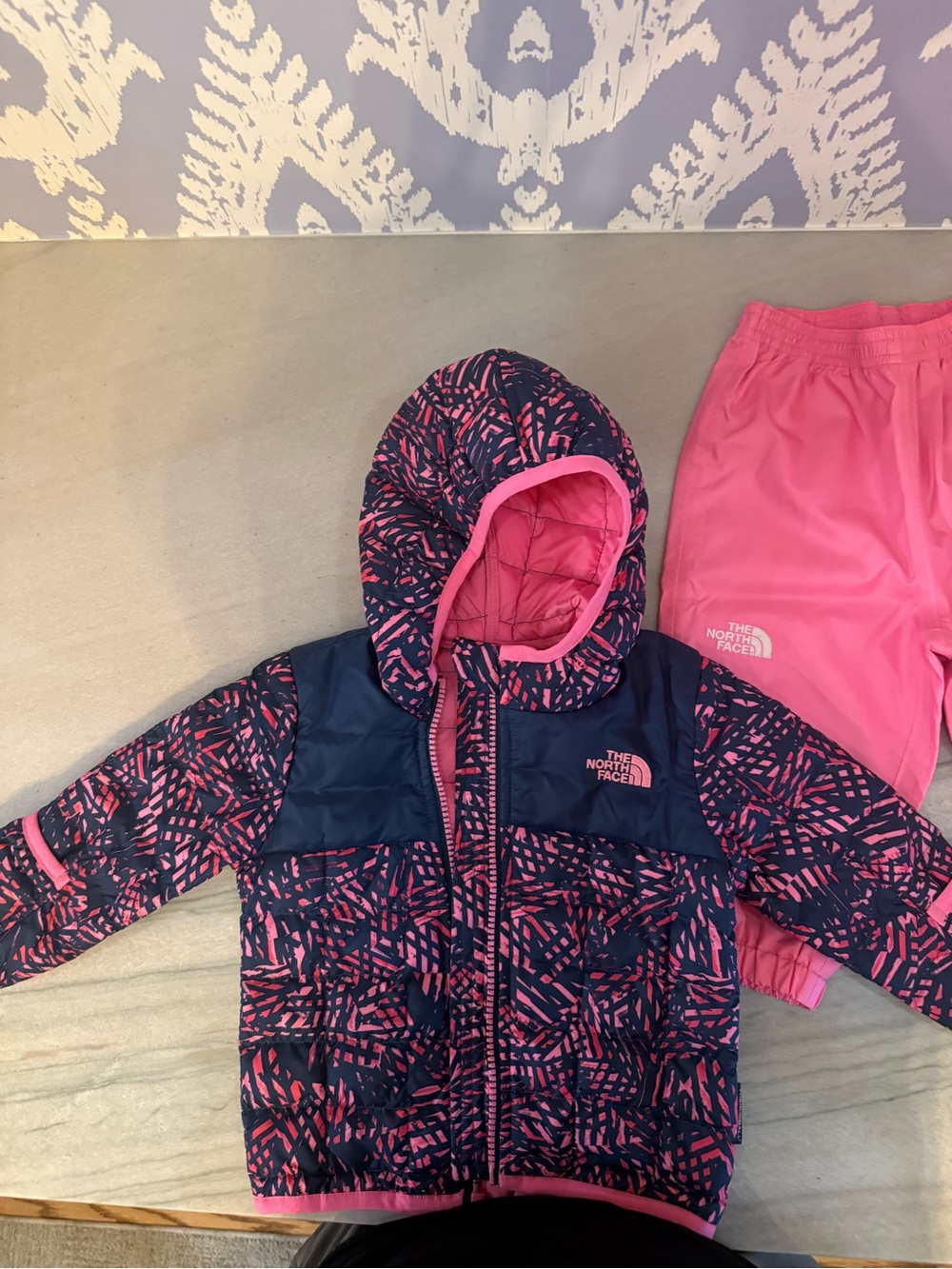The North Face Navy & Pink Girls Puffer Jacket with matching snow pants